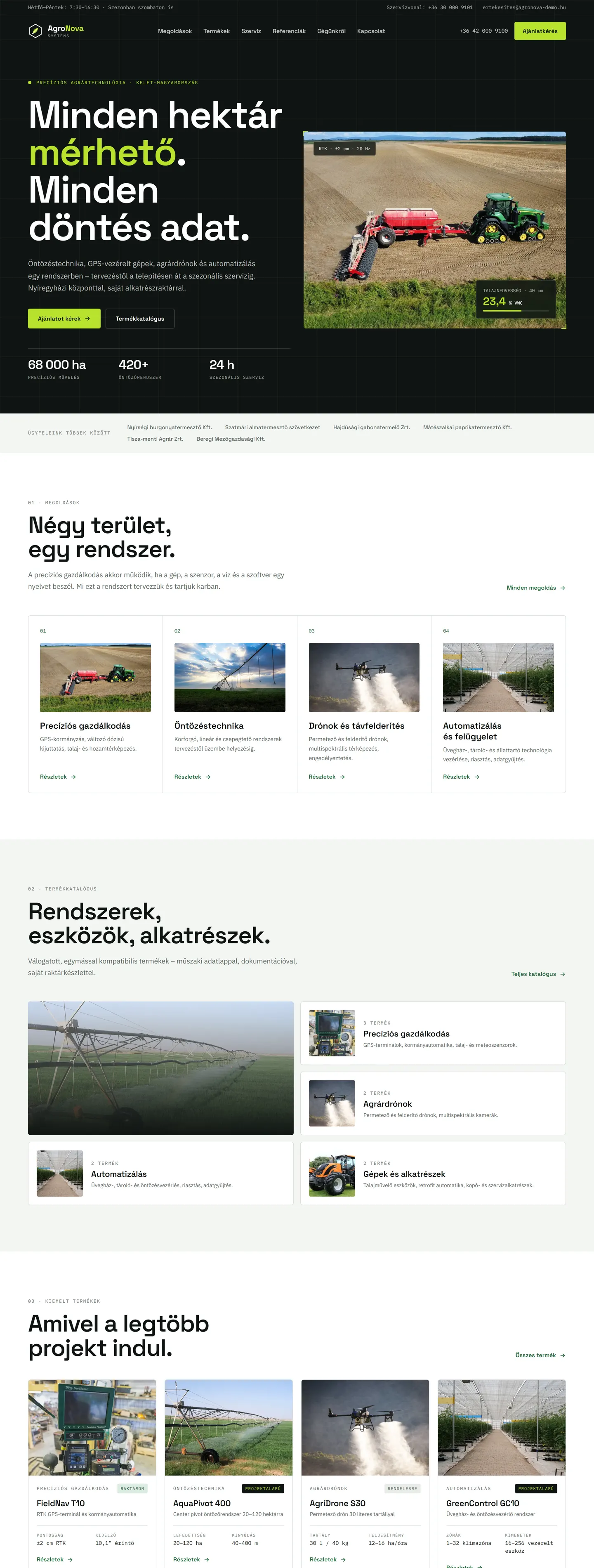 AgroNova Systems főoldal, teljes hosszúságú asztali nézet
