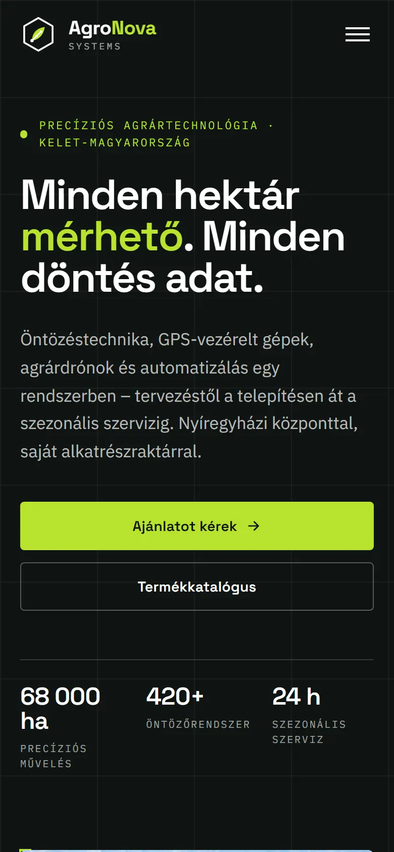 AgroNova Systems főoldal, mobil nézet