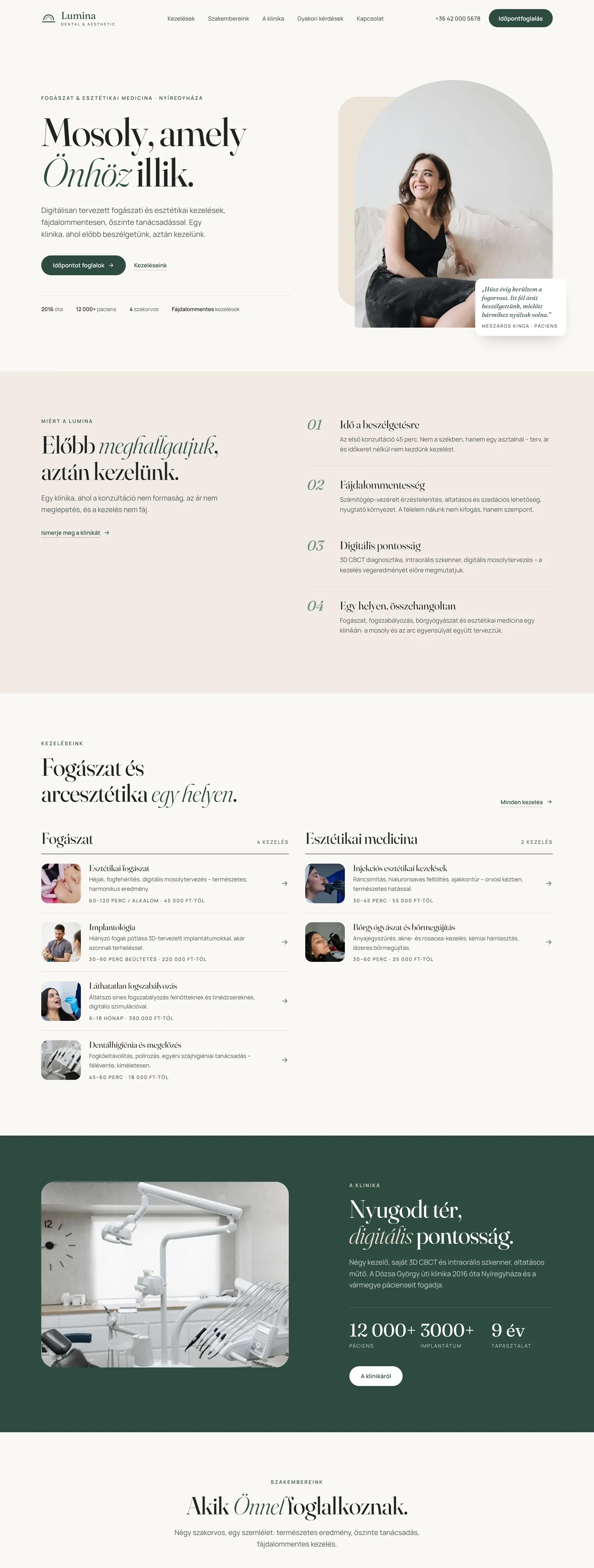Lumina Dental & Aesthetic főoldal, teljes hosszúságú asztali nézet